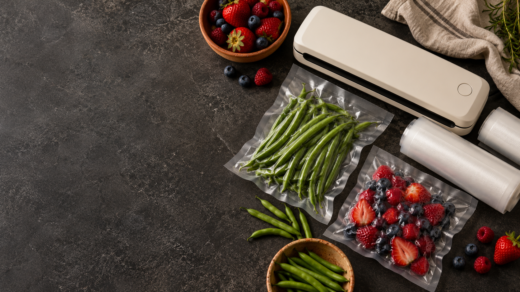 Illustrative vacuum sealing setup with bags, food portions and a bag roll